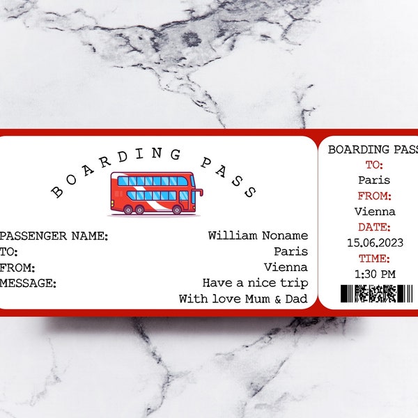 Editable Bus Ticket Personalised Gift Voucher Boarding Pass Travel Gift For Her Getaway Ticket For Him Travel Coupon Editable Holiday Reveal