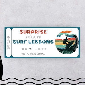 Surfkurs Geschenk editierbare Surfschule Geburtstagsgutschein Druckbarer Coupon Personalisiertes Ticket Überraschungsgeschenk Surfunterricht