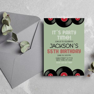 Convite para festa de aniversário de tocador de vinil, pacote de cartão de aniversário para adultos, modelo de convite de aniversário personalizado, design para impressão para Music Freak