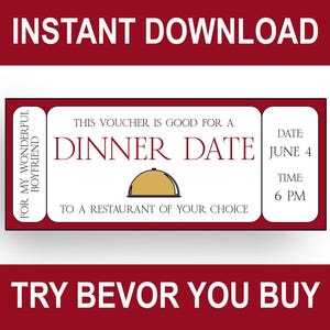 Dinner Date Voucher Personalized Printable Gift Coupon for Birthday Anniversary - Instant Download Editable Last Minute