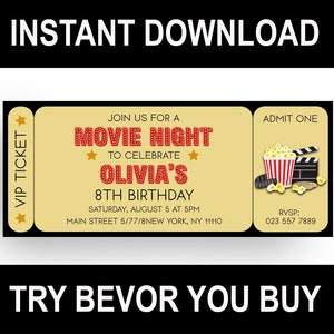 Convite de filme editável convite de festa de aniversário para impressão ingresso de cinema festa de aniversário infantil noite de cinema download instantâneo