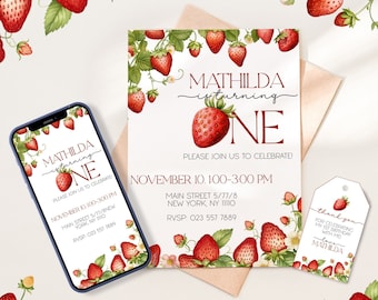 Berry First Birthday Party Invitation Bundle Personalised Strawberry 1st Birthday Template 1st 2nd 3rd Digital Invitation Instant Download