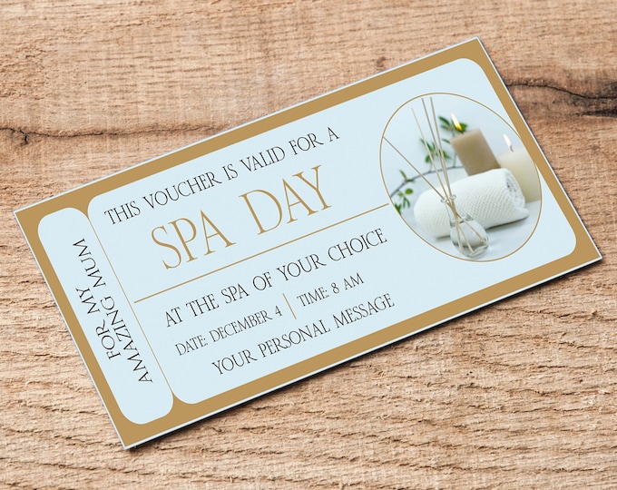 Featured listing image: Spa Day Voucher Personalized Wellness Coupon Printable Gift Idea - Instant Download - Editable Last Minute Present