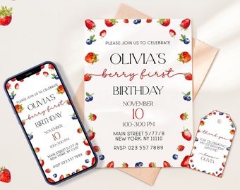 Berry First Birthday Party Invitation Bundle Personalised Strawberry 1st Birthday Template 1st 2nd 3rd Digital Invitation Instant Download