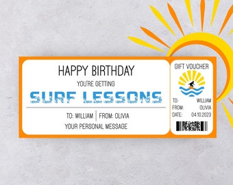 Surf Course Gift Editbale Surf Training Birthday Voucher Printable Coupon Personalised Ticket Surprise Gift Surfing Lessons Instant Download