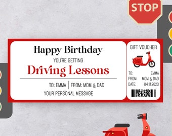 Driving Lessons Scooter Gift Certificate Motor Bike Driving School Lessons 18th Birthday Gift Coupon Personalised Gift Instant Download
