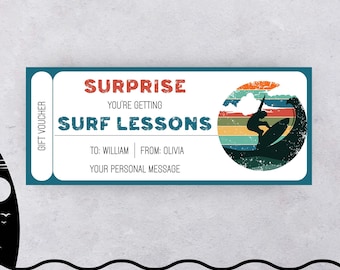 Surf Course Gift Editbale Surfing Lessons Birthday Voucher Printable Coupon Personalised Ticket Surf School Learn Surfing Breaking Waves