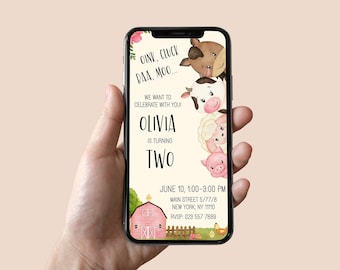 Pink Barn Farm Birthday Party Invitation Sweet One Personalised Digital Invitation Oink Baa Moo Im Two Send Message Instant Download
