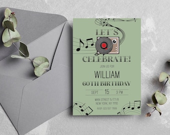 Vinyl Player Birthday Party Invitation Adult Birthday Card Bundle Personalised Birthday Invitation Template Printable Design for Music Freak