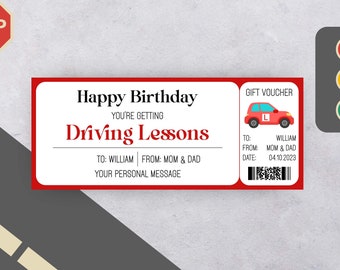 Driving Lessons Gift Certificate Editbale Driving School Lessons L17 18. Birthday Voucher Printable Coupon Personalised Ticket Surprise Gift