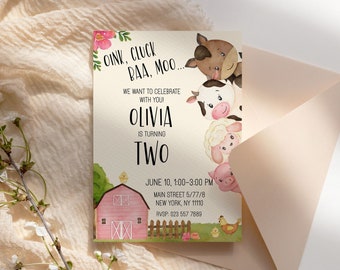 Pink Barn Farmyard Invitation Personalised Birthday Girl Party Printable Announcement + Editable Phone Invitation + Thank You Gift Tag