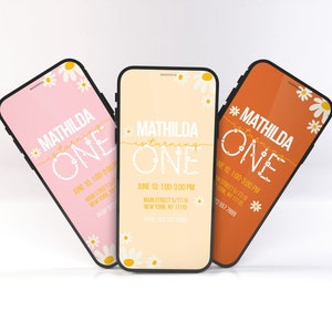 Madeliefje-uitnodiging 1e, 2e, 3e Wildflower-verjaardag digitale uitnodiging Gepersonaliseerde eerste verjaardagsuitnodiging Digitaal verzenden met je telefoon