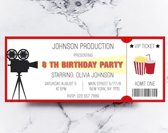 Movie Birthday Party Personalised Cinema Ticket Invitation Editable Birthday Invitation Home Theatre Party For Kids Movie Night