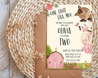 Pink Farm Birthday Party Invitation Bundle Sweet One Personalised Digital Invitation Two Wild Cowgirl Birthday Template Oink Baa Moo Im Two