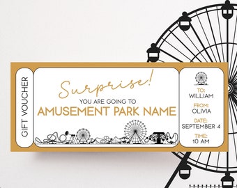 Theme Park Ticket Amusement Park Voucher Theme Park Coupon Personalised Printable Gift For Him Editable Voucher Kids Instant Download