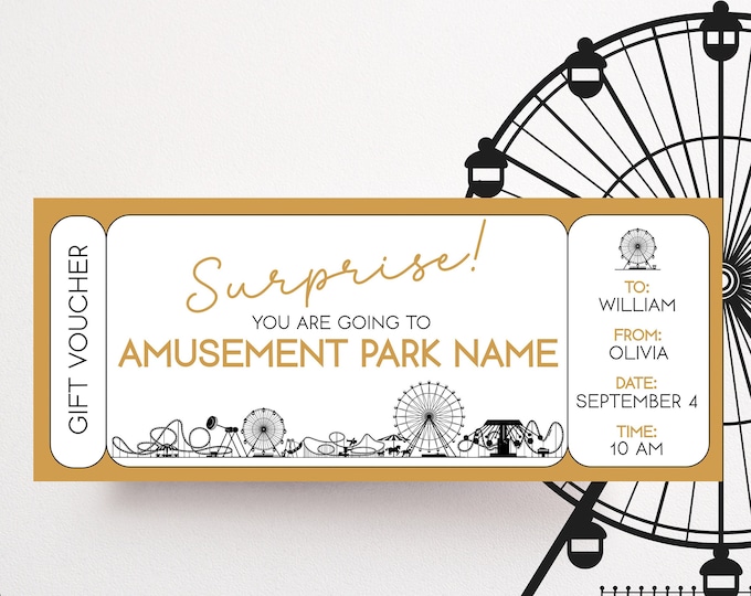 Featured listing image: Theme Park Ticket Amusement Park Voucher Theme Park Coupon Personalised Printable Gift For Him Editable Voucher Kids Instant Download