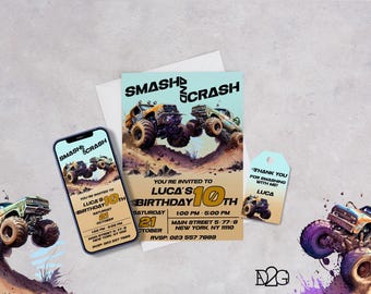Monster Truck Birthday Party Invitation Editable Template Monster Truck Card Crash And Smash Digital Invitation Instant Download Bundle