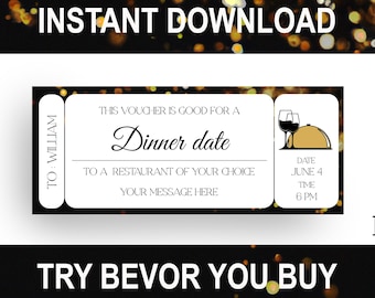 Dinner Voucher Personalized Printable Gift Coupon for Birthday Anniversary - Instant Download Editable Last Minute