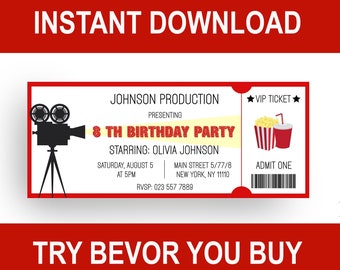 Movie Ticket Invitation Personalized Movie Birthday Invites Home Cinema Under The Stars Birthday Party Template Instant Download