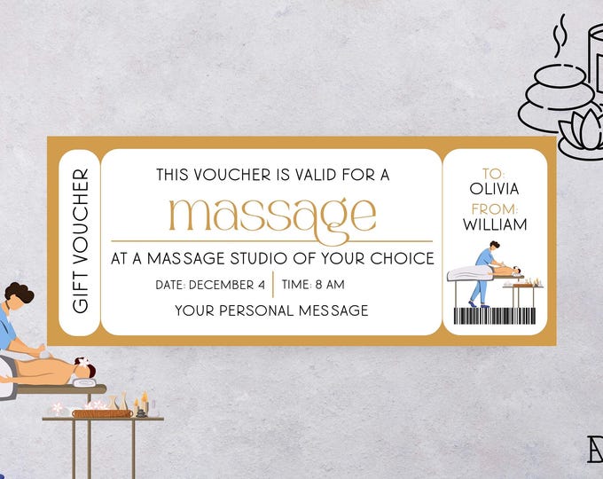 Featured listing image: Massage Voucher Gift Certificate Massage Therapy Art Printable Massage Gift Spa Day Father in Law Gift Editable Ticket Relationship Gifts