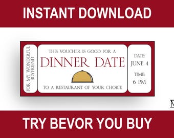 Dinner Date Voucher Personalized Printable Gift Coupon for Birthday Anniversary - Instant Download Editable Last Minute