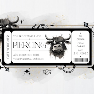 Plantilla de certificado de regalo para piercing de nariz, piercing de tabique nasal, regalo de cumpleaños para mejor amiga, plantilla de ticket para piercing de hélix.