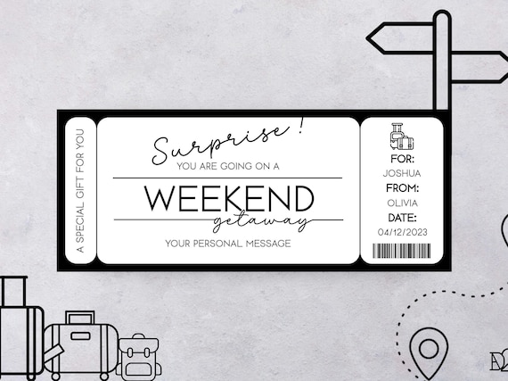 Weekend Getaway Voucher Gift Certificate Romantic Weekend Surprise Trip Reveal Boarding Pass Trip Ticket Moving Away Gift Travel Voucher