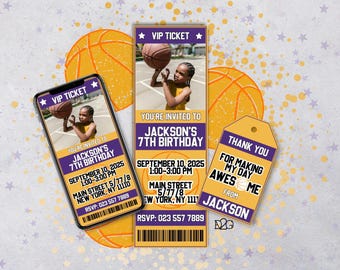 Rookie Of The Year First Birthday Basketball Invitation Bundle Personalized Ticket Template Basketball Digital Birthday Invitation Add Photo