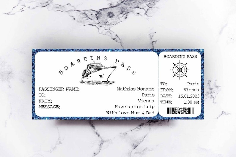 Boat Trip Voucher, personalise ship Boarding Pass, Fake Boat Ticket, Travel Gift For Boyfriend, Holiday Ticket For Girlfriend image 1