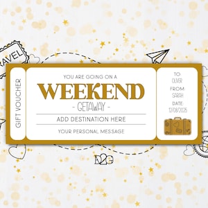 Modelo de vale-presente para escapadela de fim de semana, surpresa romântica, viagem de fim de semana, vale-presente de viagem, modelo de bilhete dourado para revelação de férias