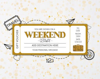 Weekend Getaway Gift Certificate Template Romantic Weekend Surprise Trip Reveal Travel Gift Voucher Vacation Reveal Golden Ticket Template