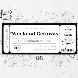 Modelo de vale-presente para escapadela de fim de semana, surpresa romântica, revelação de viagem, modelo de vale-presente de viagem, modelo de ingresso para viagem de carro, faça você mesmo