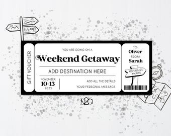 Weekend Getaway Gift Certificate Template Romantic Weekend Surprise Trip Reveal Travel Gift Voucher Template Road Trip Ticket Template DIY