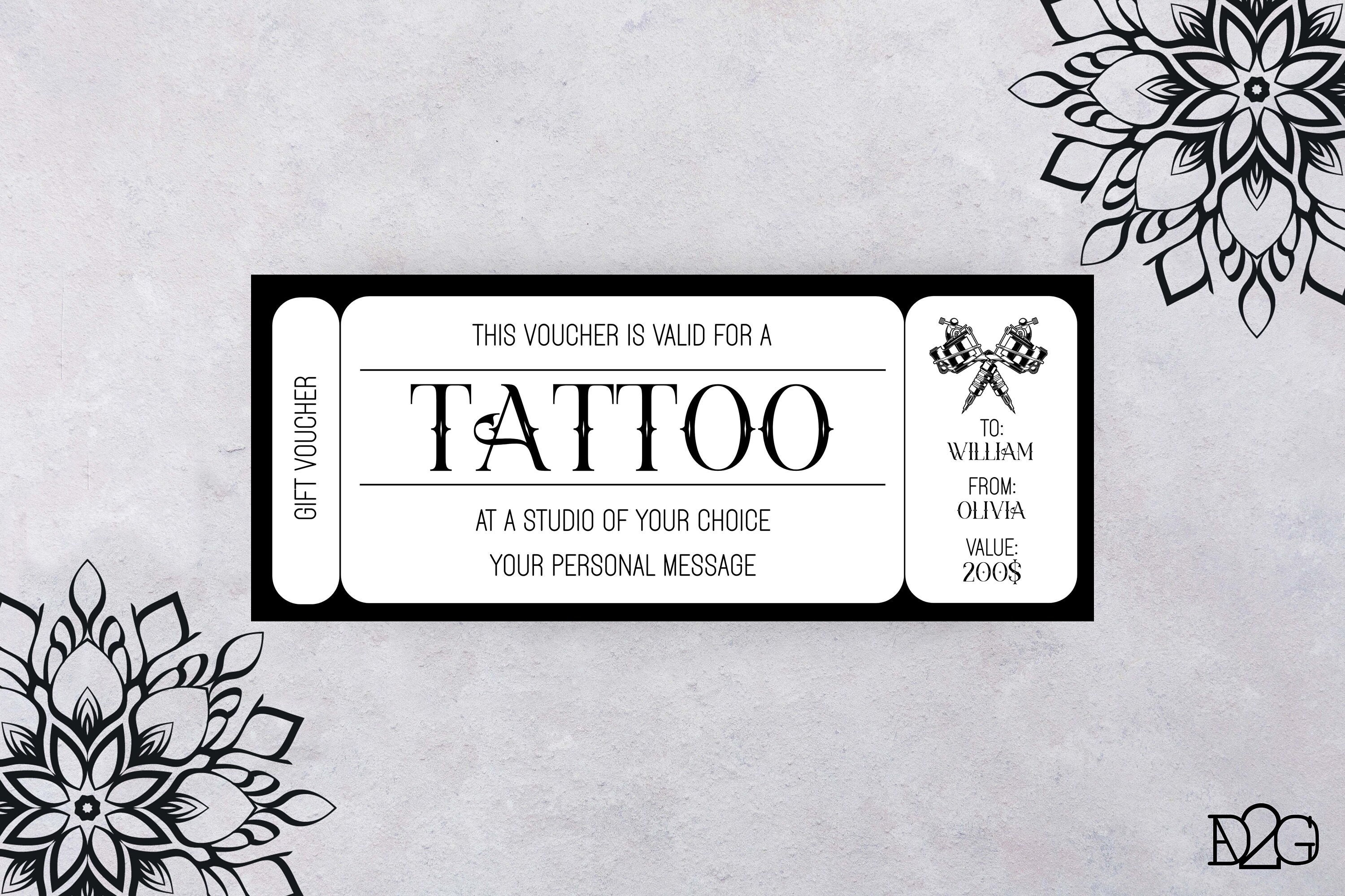 Tattoo Ticket Gift Certificate Personalised Coupon (Instant