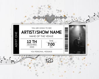 Concert Ticket Template DIY Add Photo Music Festival Invitation Musical Theatre Gifts printable Concert Ticket Gift Certificate Template