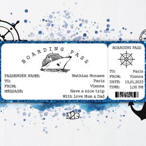 Modello biglietto crociera Carta d'imbarco Modello buono regalo crociera Fuga di fine settimana Viaggio a sorpresa Rivelazione Carta d'imbarco barca Rivelazione crociera
