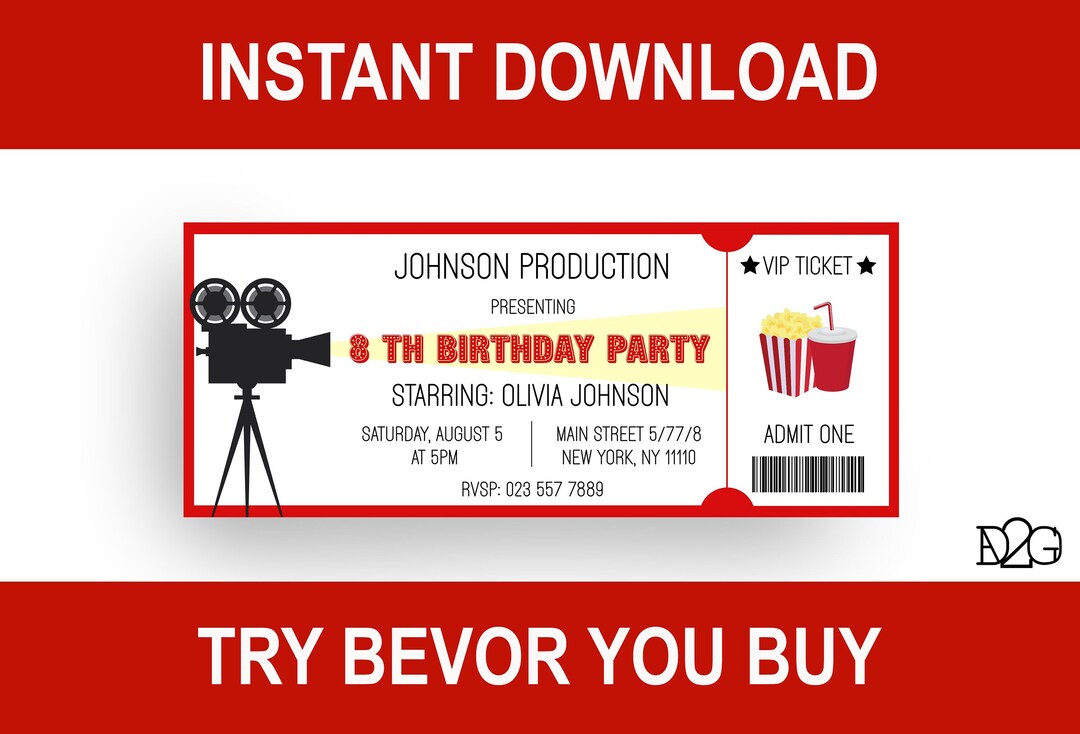 Movie Ticket Invitation Personalized Movie Birthday Invites Home Cinema Under the Stars Birthday ...