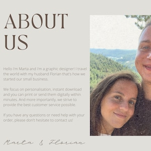 May include: A couple, a woman and a man, are smiling at the camera. They are standing in front of a green, hilly landscape. The text "ABOUT US" is written in brown text above the image. The text "Marta & Florian" is written in brown text below the image. The text "D2G" is written in black text below the image.