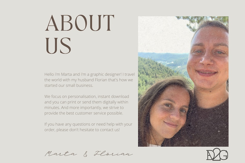 May include: A couple, a woman and a man, are smiling at the camera. They are standing in front of a green, hilly landscape. The text "ABOUT US" is written in brown text above the image. The text "Marta & Florian" is written in brown text below the image. The text "D2G" is written in black text below the image.