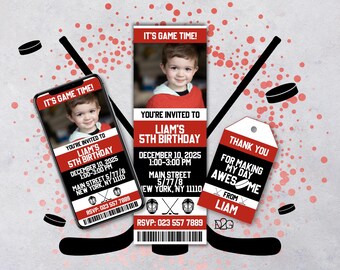 Hockey Birthday Invitation Set DIY Personalized Hockey Ticket Template 13th Birthday Invitation Printable Hockey Card Add Photo Send Digital