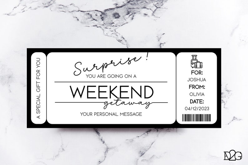 May include: A black and white printable gift certificate for a weekend getaway. The text reads "Surprise! You are going on a weekend getaway."  The certificate is for Joshua from Olivia, dated 04/12/2023.