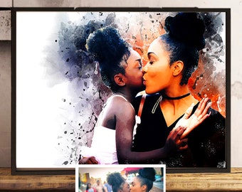 Retrato de acuarela personalizado de la foto, decoración de pared personalizada para la familia/los seres queridos/madre/hija