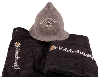 Set sauna 3 pezzi Cappello sauna infeltrito a mano con EDELSCHWEISS ® & kilt sauna con EDELSCHEISS ® E telo sauna Edelschweiss ®