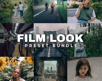 Puede incluir: Un collage de imágenes que muestran un paquete de ajustes preestablecidos de aspecto cinematográfico. Las imágenes incluyen una pareja caminando en un bosque, ciclistas en una carretera, un puente, una estación de metro, un campo de girasoles, una vista de la ciudad desde una ventana y una persona joven con una sombrilla rosa.