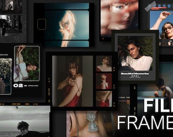 Op de afbeelding: Een verzameling filmframe-overlays met verschillende afbeeldingen, waaronder een vrouw in een rode jurk, een vrouw in een gestreept shirt en een vrouw met bloemen in haar haar. De tekst "FILM FRAMES" staat in grote, vetgedrukte letters onderaan de afbeelding.