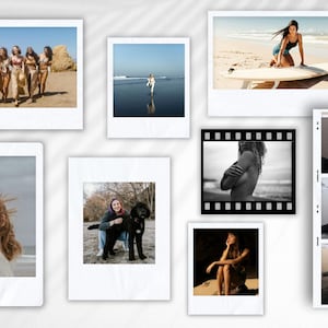 Puede incluir: Un collage de fotos Polaroid con varias mujeres en diferentes entornos. Algunas fotos muestran mujeres en la playa, otras muestran mujeres en la naturaleza y una foto muestra a una mujer con un perro. Las fotos están dispuestas en una cuadrícula sobre un fondo blanco.