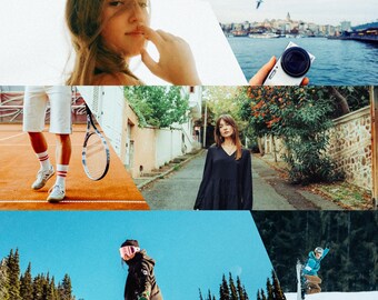 May include: A collage of images featuring a woman with long brown hair, a person playing tennis, a woman in a black dress walking down a street, a person snowboarding down a snowy slope, and a person holding a camera.