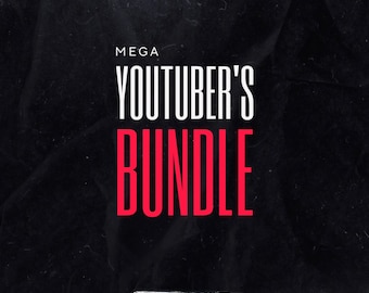 May include: A black and white graphic with red text that reads "MEGA YOUTUBER'S BUNDLE". The text is on a crumpled black background. The graphic includes icons for various video editing software, including VN, Filmora, After Effects, Premiere Pro, and others.