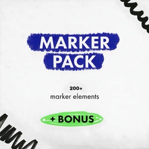 Op de afbeelding: Een blauwe en witte afbeelding met de tekst "MARKER PACK" en "200+ markeerelementen + BONUS" in zwarte tekst. De afbeelding is omgeven door een zwarte kronkelende lijn.