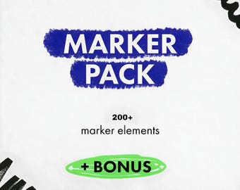May include: A blue and white graphic with the text "MARKER PACK" and "200+ marker elements + BONUS" in black text. The graphic is surrounded by a black squiggly line.